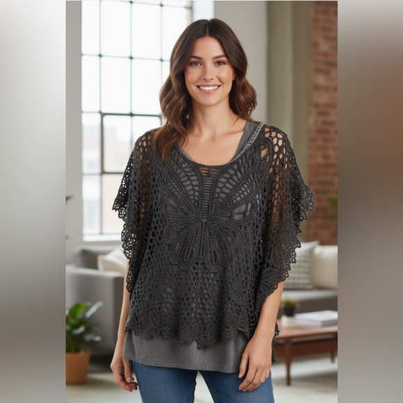 Fleur de Lis Collection Charcoal Crochet Butterfly Top - Picture 1 of 3